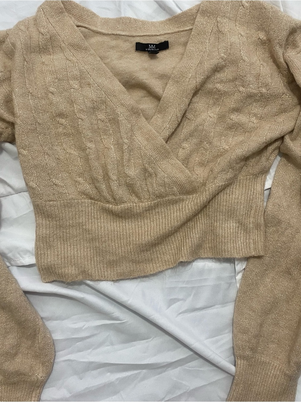 Metallic Beige Knit Wrap Sweater
